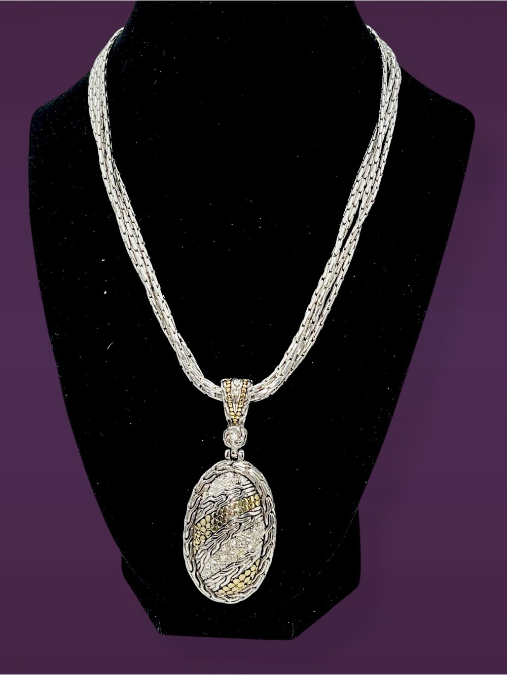 Vintage Silver Tone Intricate Egg Pendant Multi Strand Statement Necklace